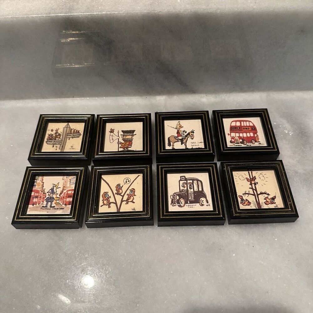 Vintage Rare Framed London-Themed Tile Handmade Art Set of 8